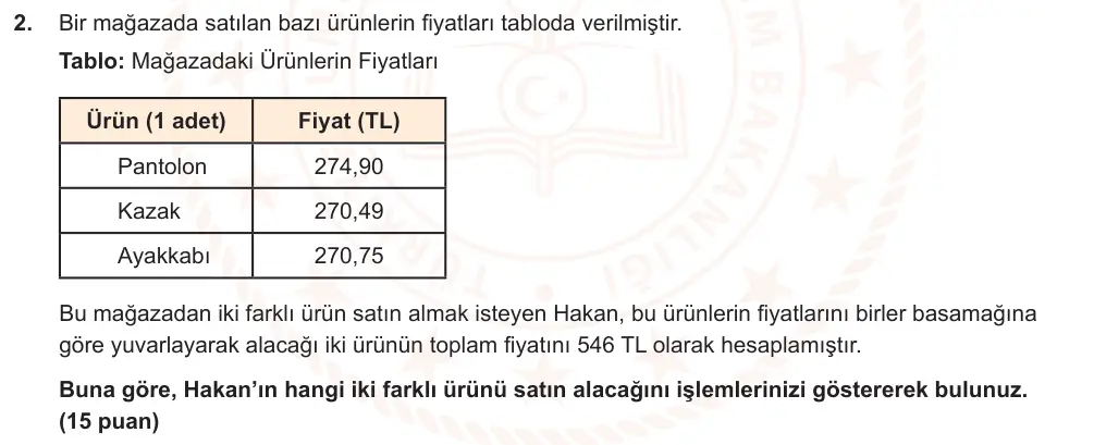 6. Sınıf Matematik 2024-2025 2. Dönem 1. Yazılı Ortak Sınav 2. Soru (Öğle Oturumu, MEB ders kitabı) görseli