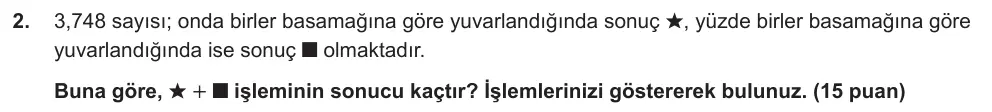6. Sınıf Matematik 2024-2025 2. Dönem 1. Yazılı Ortak Sınav 2. Soru (Sabah Oturumu, Mazeret Sınavı) görseli