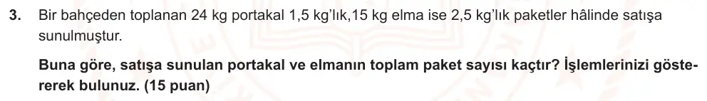6. Sınıf Matematik 2024-2025 2. Dönem 1. Yazılı Ortak Sınav 3. Soru (Sabah Oturumu, Mazeret Sınavı) görseli
