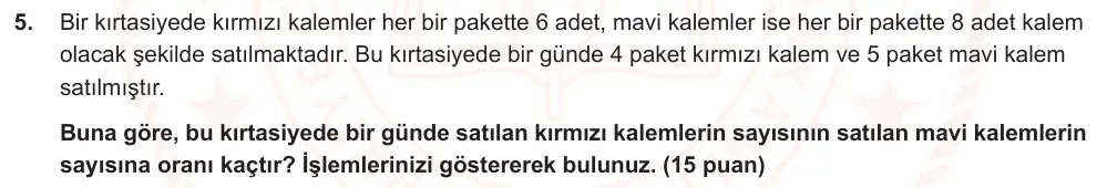 6. Sınıf Matematik 2024-2025 2. Dönem 1. Yazılı Ortak Sınav 5. Soru (Sabah Oturumu, Mazeret Sınavı) görseli