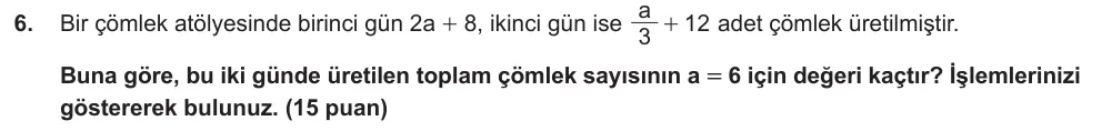 6. Sınıf Matematik 2024-2025 2. Dönem 1. Yazılı Ortak Sınav 6. Soru (Sabah Oturumu, Mazeret Sınavı) görseli