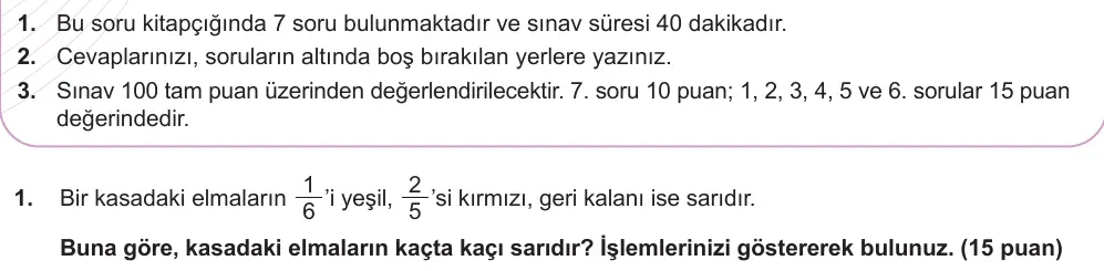 6. Sınıf Matematik 2024-2025 2. Dönem 1. Yazılı Ortak Sınav 1. Soru (Sabah Oturumu, MEB ders kitabı) görseli
