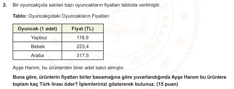 6. Sınıf Matematik 2024-2025 2. Dönem 1. Yazılı Ortak Sınav 2. Soru (Sabah Oturumu, MEB ders kitabı) görseli