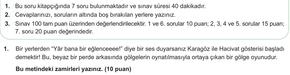 6. Sınıf Türkçe 2024-2025 2. Dönem 1. Yazılı Ortak Sınav 1. Soru (Öğle Oturumu, Mazeret Sınavı, MEB ders kitabı) görseli