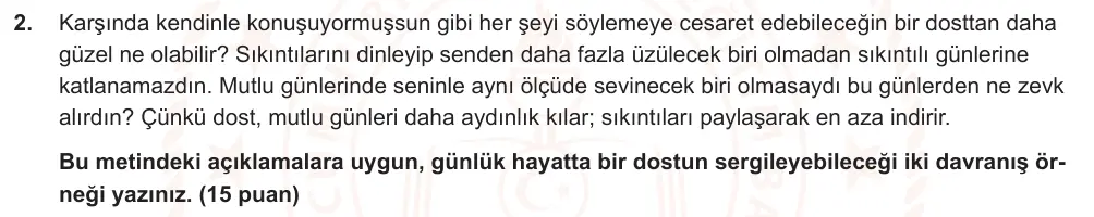 6. Sınıf Türkçe 2024-2025 2. Dönem 1. Yazılı Ortak Sınav 2. Soru (Öğle Oturumu, Mazeret Sınavı, MEB ders kitabı) görseli