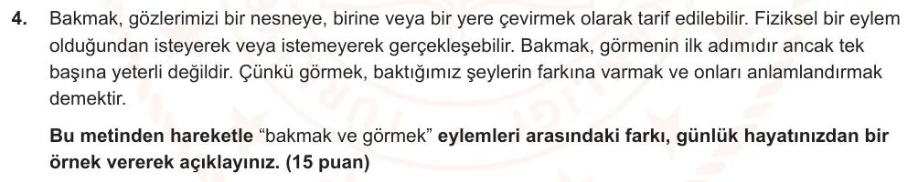 6. Sınıf Türkçe 2024-2025 2. Dönem 1. Yazılı Ortak Sınav 4. Soru (Öğle Oturumu, Mazeret Sınavı, Yıldırım ders kitabı) görseli