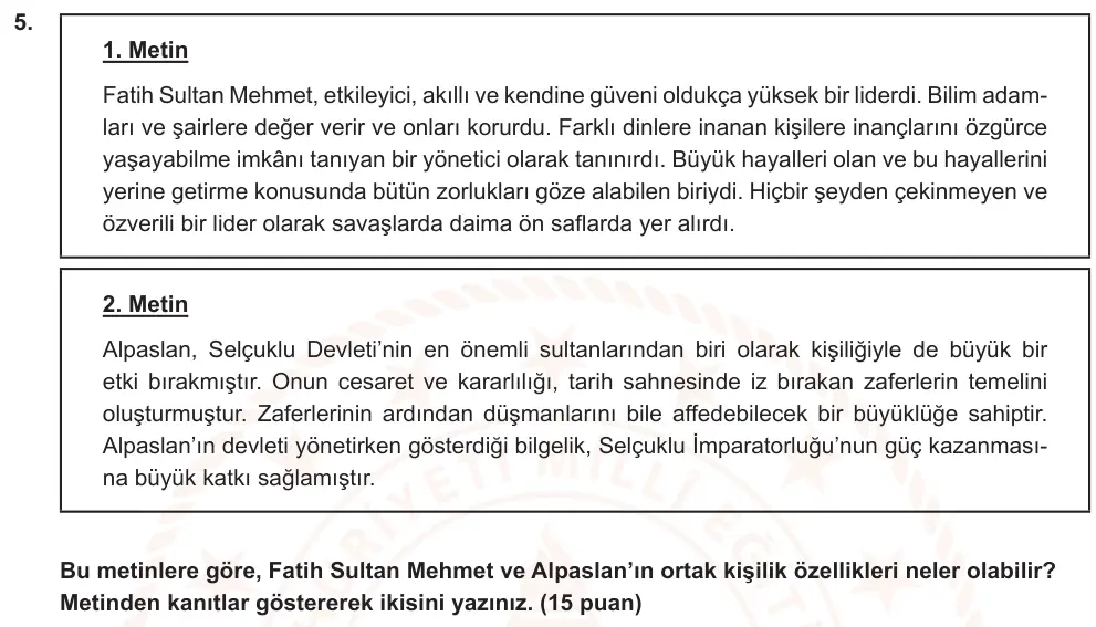 6. Sınıf Türkçe 2024-2025 2. Dönem 1. Yazılı Ortak Sınav 5. Soru (Öğle Oturumu, Mazeret Sınavı, Yıldırım ders kitabı) görseli