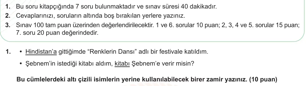 6. Sınıf Türkçe 2024-2025 2. Dönem 1. Yazılı Ortak Sınav 1. Soru (Öğle Oturumu, MEB ders kitabı) görseli