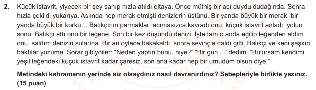 6. Sınıf Türkçe 2024-2025 2. Dönem 1. Yazılı Ortak Sınav 2. Soru (Öğle Oturumu, MEB ders kitabı) görseli