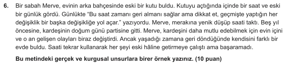 6. Sınıf Türkçe 2024-2025 2. Dönem 1. Yazılı Ortak Sınav 6. Soru (Öğle Oturumu, MEB ders kitabı) görseli