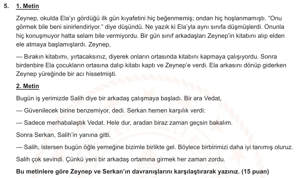 6. Sınıf Türkçe 2024-2025 2. Dönem 1. Yazılı Ortak Sınav 5. Soru (Öğle Oturumu, Yıldırım ders kitabı) görseli