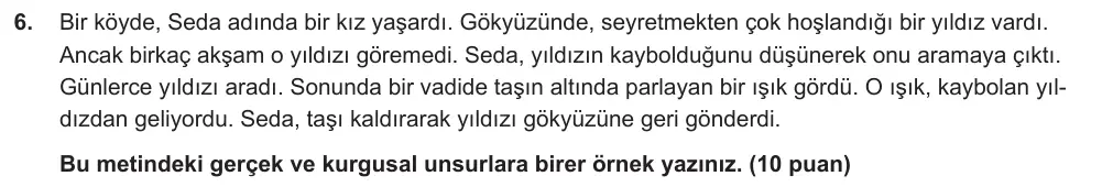 6. Sınıf Türkçe 2024-2025 2. Dönem 1. Yazılı Ortak Sınav 6. Soru (Sabah Oturumu, Mazeret Sınavı, MEB ders kitabı) görseli