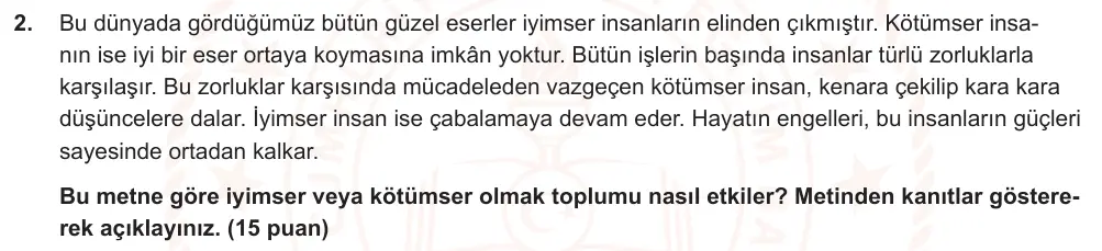 6. Sınıf Türkçe 2024-2025 2. Dönem 1. Yazılı Ortak Sınav 2. Soru (Sabah Oturumu, Mazeret Sınavı, Yıldırım ders kitabı) görseli