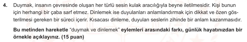 6. Sınıf Türkçe 2024-2025 2. Dönem 1. Yazılı Ortak Sınav 4. Soru (Sabah Oturumu, Mazeret Sınavı, Yıldırım ders kitabı) görseli