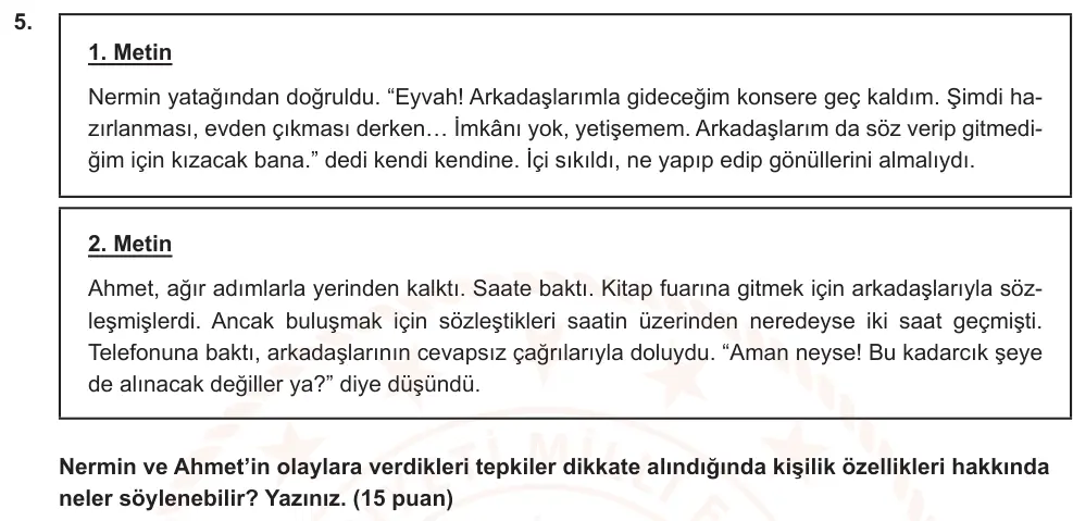 6. Sınıf Türkçe 2024-2025 2. Dönem 1. Yazılı Ortak Sınav 5. Soru (Sabah Oturumu, Mazeret Sınavı, Yıldırım ders kitabı) görseli