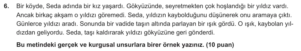6. Sınıf Türkçe 2024-2025 2. Dönem 1. Yazılı Ortak Sınav 6. Soru (Sabah Oturumu, Mazeret Sınavı, Yıldırım ders kitabı) görseli