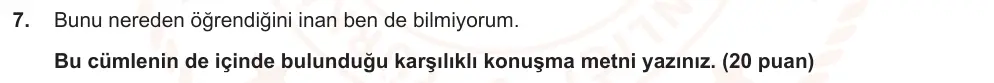 6. Sınıf Türkçe 2024-2025 2. Dönem 1. Yazılı Ortak Sınav 7. Soru (Sabah Oturumu, Mazeret Sınavı, Yıldırım ders kitabı) görseli