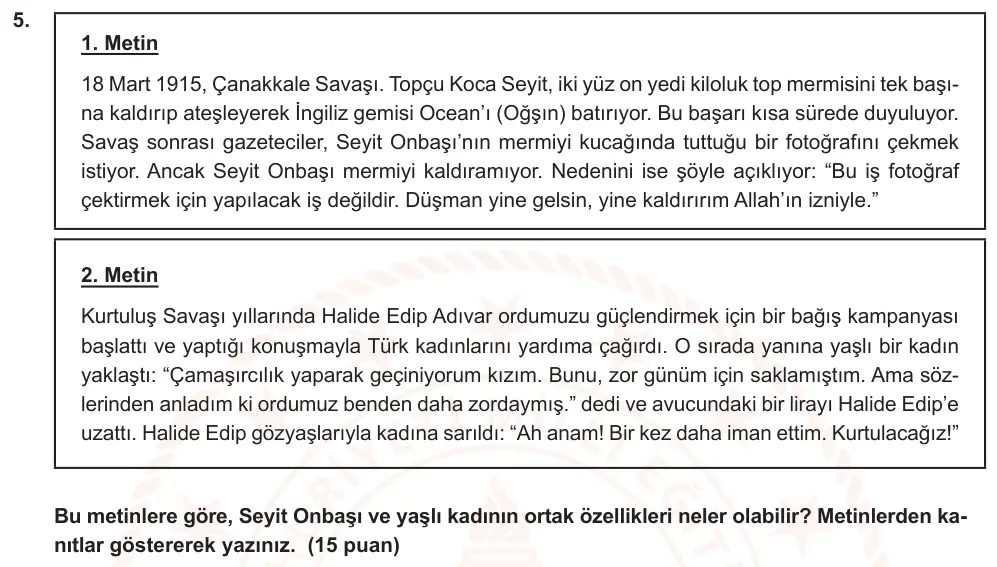 6. Sınıf Türkçe 2024-2025 2. Dönem 1. Yazılı Ortak Sınav 5. Soru (Sabah Oturumu, MEB ders kitabı) görseli