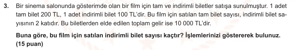 7. Sınıf Matematik 2024-2025 2. Dönem 1. Yazılı Ortak Sınav 3. Soru (Öğle Oturumu, Mazeret Sınavı) görseli