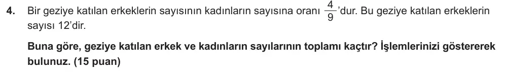 7. Sınıf Matematik 2024-2025 2. Dönem 1. Yazılı Ortak Sınav 4. Soru (Öğle Oturumu, Mazeret Sınavı) görseli