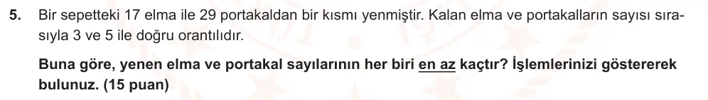 7. Sınıf Matematik 2024-2025 2. Dönem 1. Yazılı Ortak Sınav 5. Soru (Öğle Oturumu, Mazeret Sınavı) görseli