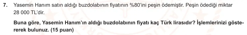 7. Sınıf Matematik 2024-2025 2. Dönem 1. Yazılı Ortak Sınav 7. Soru (Öğle Oturumu, Mazeret Sınavı) görseli