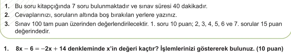 7. Sınıf Matematik 2024-2025 2. Dönem 1. Yazılı Ortak Sınav 1. Soru (Sabah Oturumu, Mazeret Sınavı) görseli