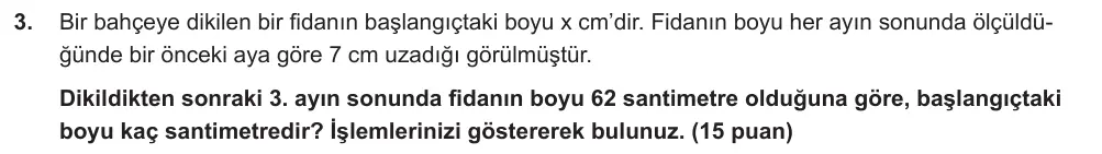 7. Sınıf Matematik 2024-2025 2. Dönem 1. Yazılı Ortak Sınav 3. Soru (Sabah Oturumu, Mazeret Sınavı) görseli
