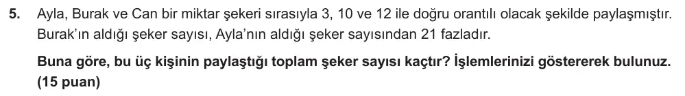 7. Sınıf Matematik 2024-2025 2. Dönem 1. Yazılı Ortak Sınav 5. Soru (Sabah Oturumu, Mazeret Sınavı) görseli