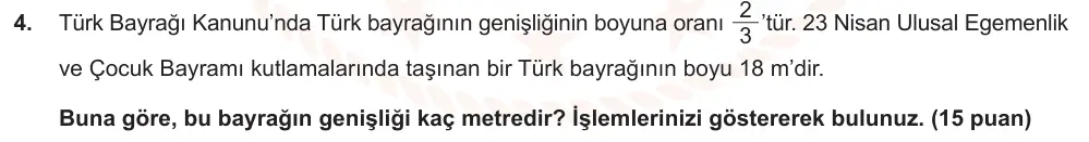 7. Sınıf Matematik 2024-2025 2. Dönem 1. Yazılı Ortak Sınav 4. Soru (Sabah Oturumu, MEB ders kitabı) görseli