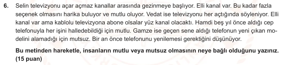 7. Sınıf Türkçe 2024-2025 2. Dönem 1. Yazılı Ortak Sınav 6. Soru (Öğle Oturumu, Mazeret Sınavı) görseli
