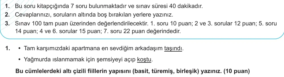 7. Sınıf Türkçe 2024-2025 2. Dönem 1. Yazılı Ortak Sınav 1. Soru (Sabah Oturumu, Mazeret Sınavı) görseli