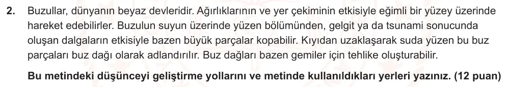 7. Sınıf Türkçe 2024-2025 2. Dönem 1. Yazılı Ortak Sınav 2. Soru (Sabah Oturumu, Mazeret Sınavı) görseli