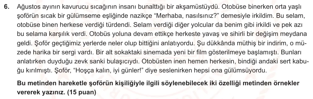 7. Sınıf Türkçe 2024-2025 2. Dönem 1. Yazılı Ortak Sınav 6. Soru (Sabah Oturumu, Mazeret Sınavı) görseli