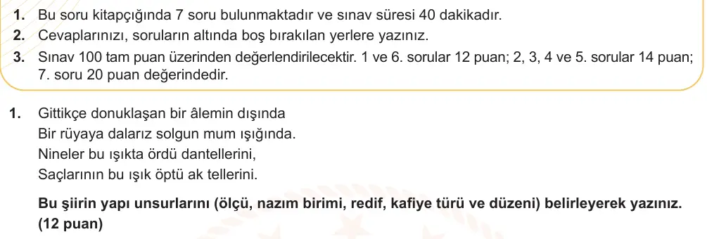 9. Sınıf Türk Dili ve Edebiyatı 2024-2025 2. Dönem 1. Yazılı Ortak Sınav 1. Soru (Öğle Oturumu, Mazeret Sınavı) görseli