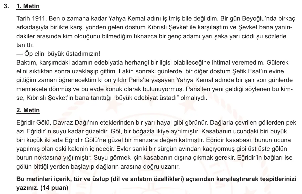 9. Sınıf Türk Dili ve Edebiyatı 2024-2025 2. Dönem 1. Yazılı Ortak Sınav 3. Soru (Öğle Oturumu, Mazeret Sınavı) görseli