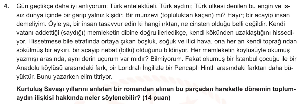 9. Sınıf Türk Dili ve Edebiyatı 2024-2025 2. Dönem 1. Yazılı Ortak Sınav 4. Soru (Öğle Oturumu, Mazeret Sınavı) görseli