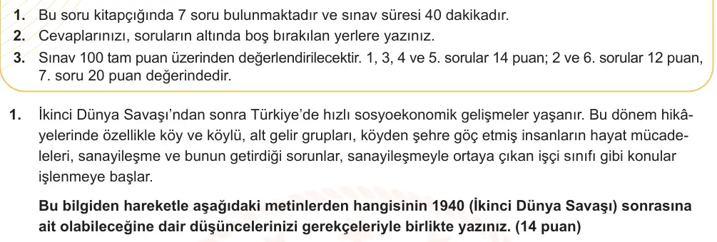 9. Sınıf Türk Dili ve Edebiyatı 2024-2025 2. Dönem 1. Yazılı Ortak Sınav 1. Soru (Öğle Oturumu, MEB ders kitabı) görseli