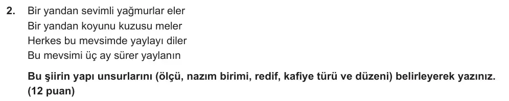 9. Sınıf Türk Dili ve Edebiyatı 2024-2025 2. Dönem 1. Yazılı Ortak Sınav 2. Soru (Öğle Oturumu, MEB ders kitabı) görseli