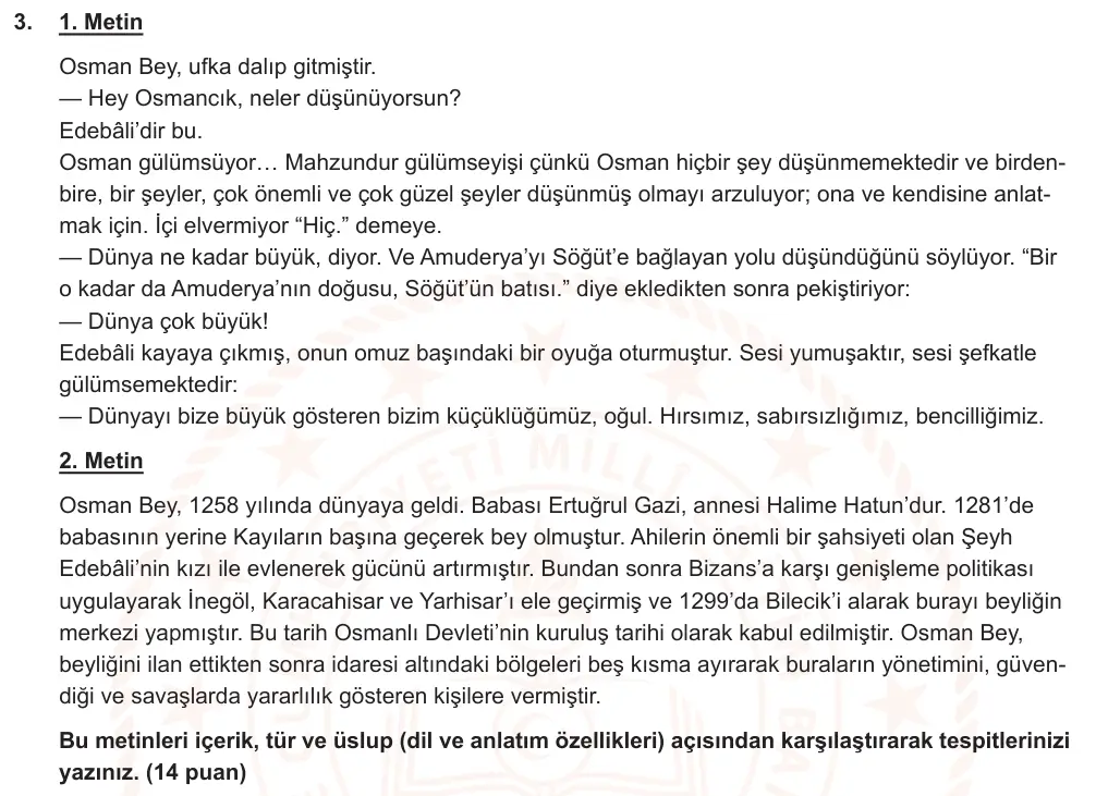 9. Sınıf Türk Dili ve Edebiyatı 2024-2025 2. Dönem 1. Yazılı Ortak Sınav 3. Soru (Öğle Oturumu, MEB ders kitabı) görseli