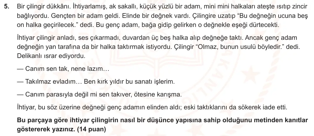 9. Sınıf Türk Dili ve Edebiyatı 2024-2025 2. Dönem 1. Yazılı Ortak Sınav 5. Soru (Öğle Oturumu, MEB ders kitabı) görseli
