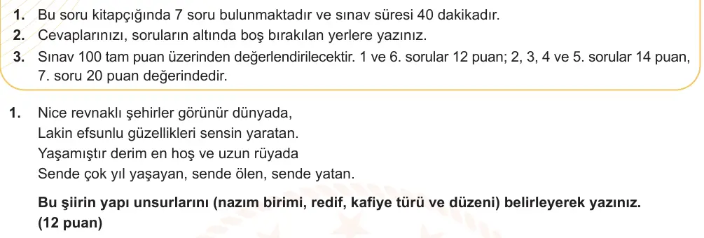 9. Sınıf Türk Dili ve Edebiyatı 2024-2025 2. Dönem 1. Yazılı Ortak Sınav 1. Soru (Sabah Oturumu, Mazeret Sınavı) görseli