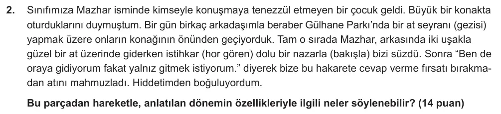 9. Sınıf Türk Dili ve Edebiyatı 2024-2025 2. Dönem 1. Yazılı Ortak Sınav 2. Soru (Sabah Oturumu, Mazeret Sınavı) görseli