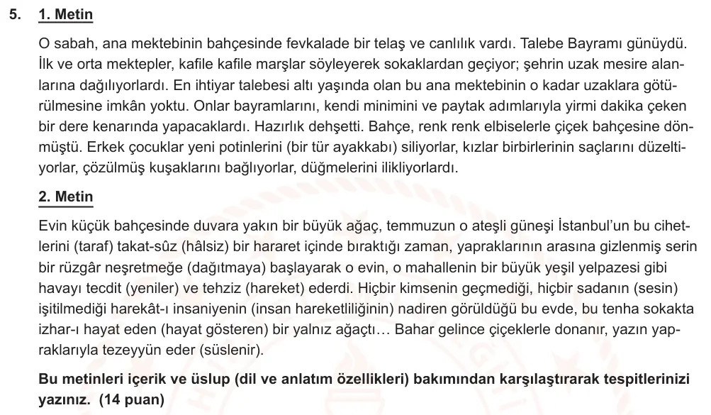 9. Sınıf Türk Dili ve Edebiyatı 2024-2025 2. Dönem 1. Yazılı Ortak Sınav 5. Soru (Sabah Oturumu, Mazeret Sınavı) görseli