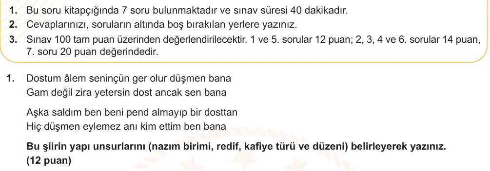 9. Sınıf Türk Dili ve Edebiyatı 2024-2025 2. Dönem 1. Yazılı Ortak Sınav 1. Soru (Sabah Oturumu, MEB ders kitabı) görseli