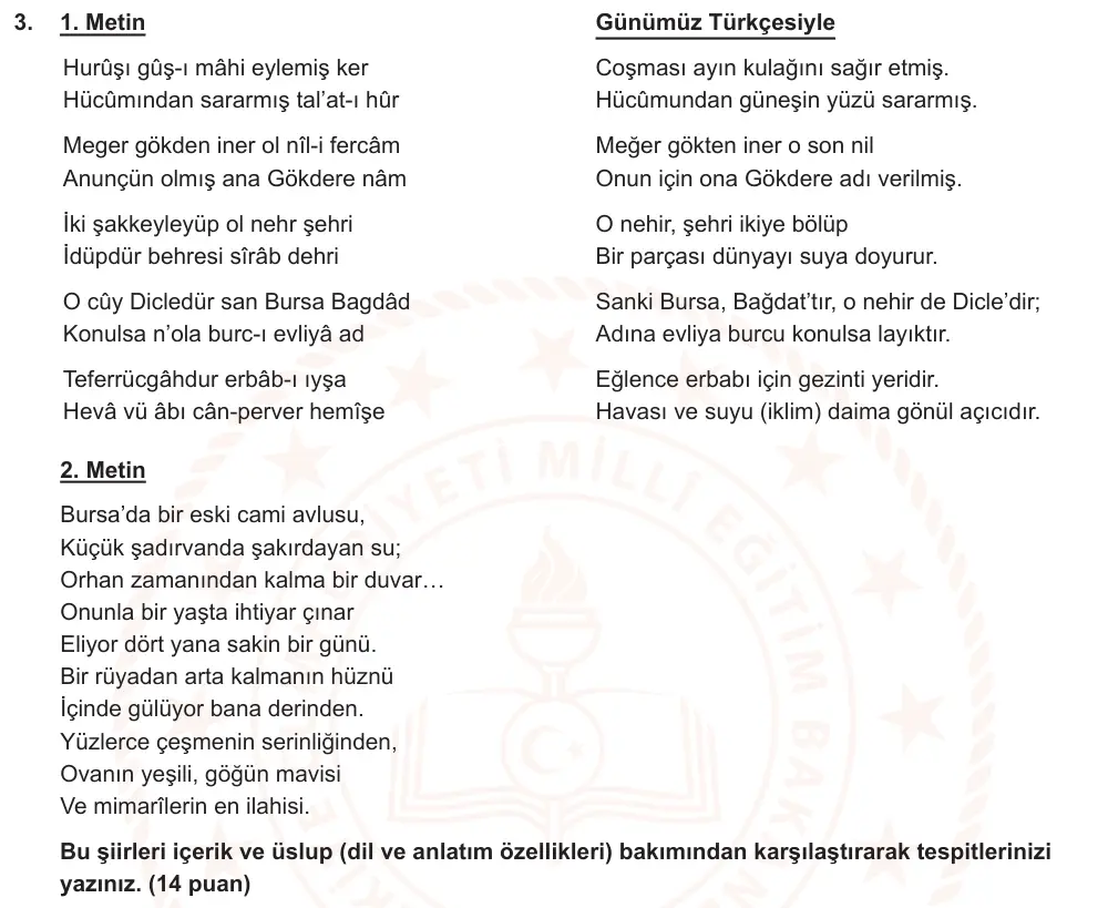 9. Sınıf Türk Dili ve Edebiyatı 2024-2025 2. Dönem 1. Yazılı Ortak Sınav 3. Soru (Sabah Oturumu, MEB ders kitabı) görseli