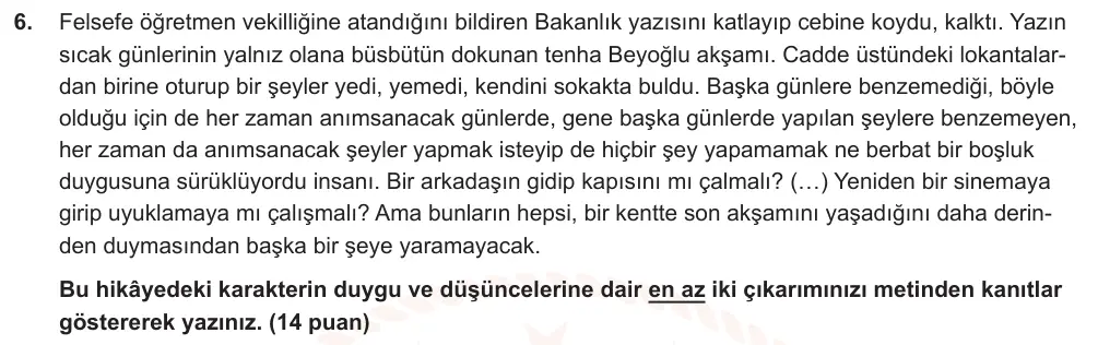 9. Sınıf Türk Dili ve Edebiyatı 2024-2025 2. Dönem 1. Yazılı Ortak Sınav 6. Soru (Sabah Oturumu, MEB ders kitabı) görseli