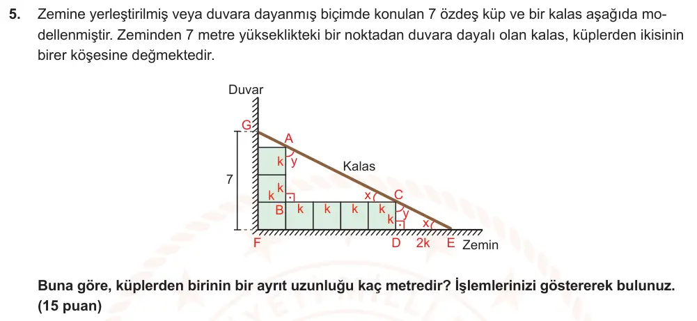 9. Sınıf Matematik 2024-2025 2. Dönem 1. Yazılı Ortak Sınav 5. Soru (Öğle Oturumu, Mazeret Sınavı) görseli