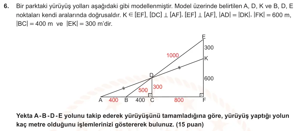 9. Sınıf Matematik 2024-2025 2. Dönem 1. Yazılı Ortak Sınav 6. Soru (Öğle Oturumu, Mazeret Sınavı) görseli