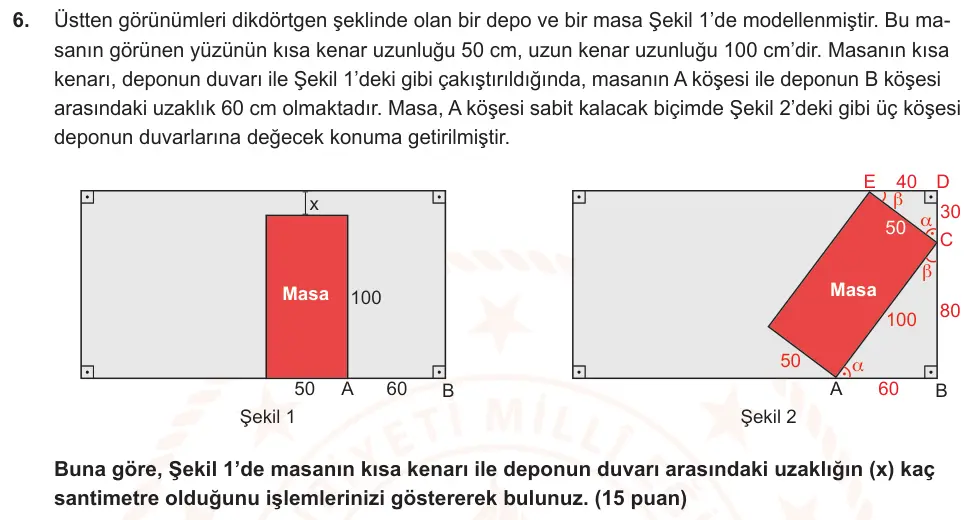 9. Sınıf Matematik 2024-2025 2. Dönem 1. Yazılı Ortak Sınav 6. Soru (Sabah Oturumu, Mazeret Sınavı) görseli
